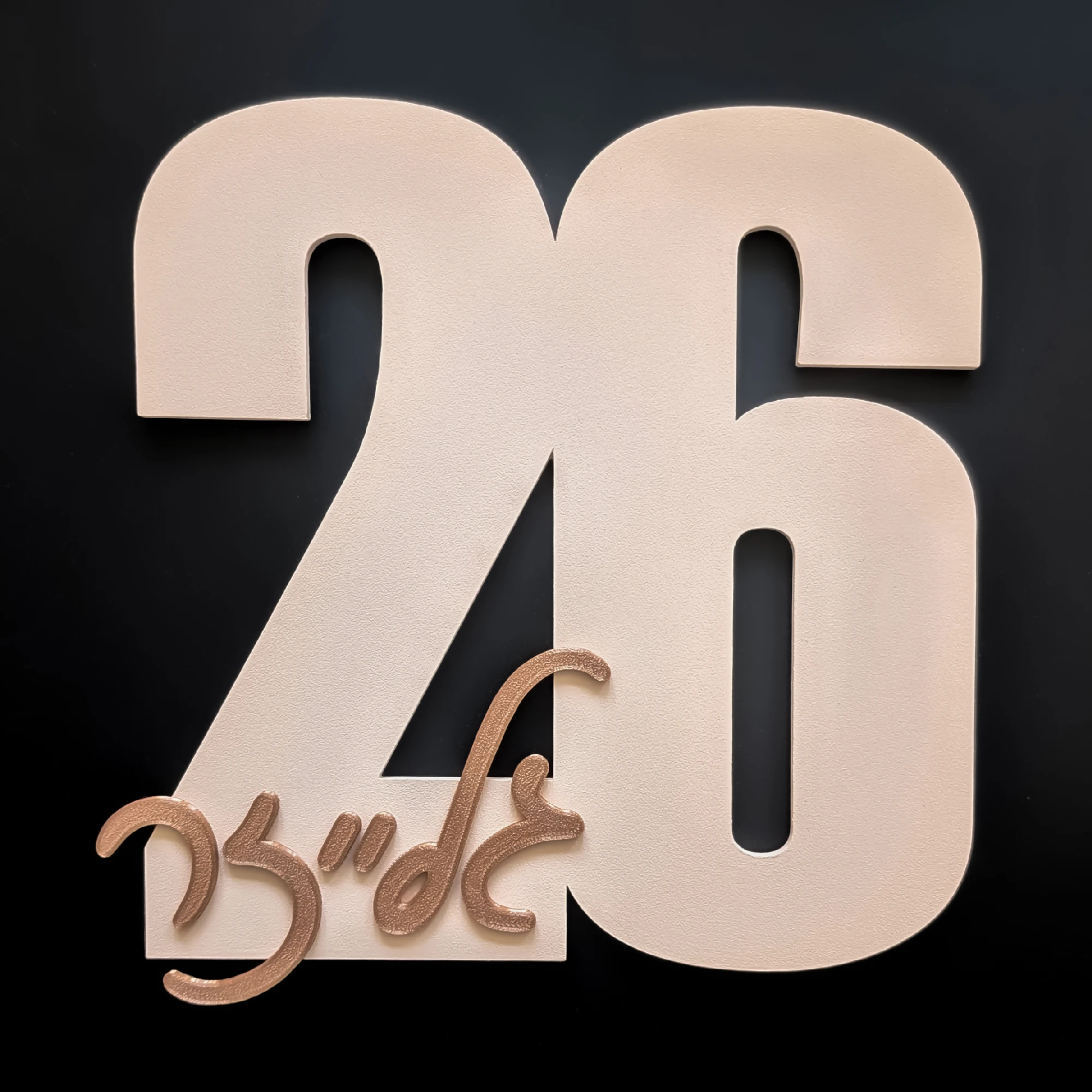 שלט לדלת מספר 26 בצבע ניוד עם שם משפחה בצבע ברונזה מנצנץ, מודפס בתלת מימד