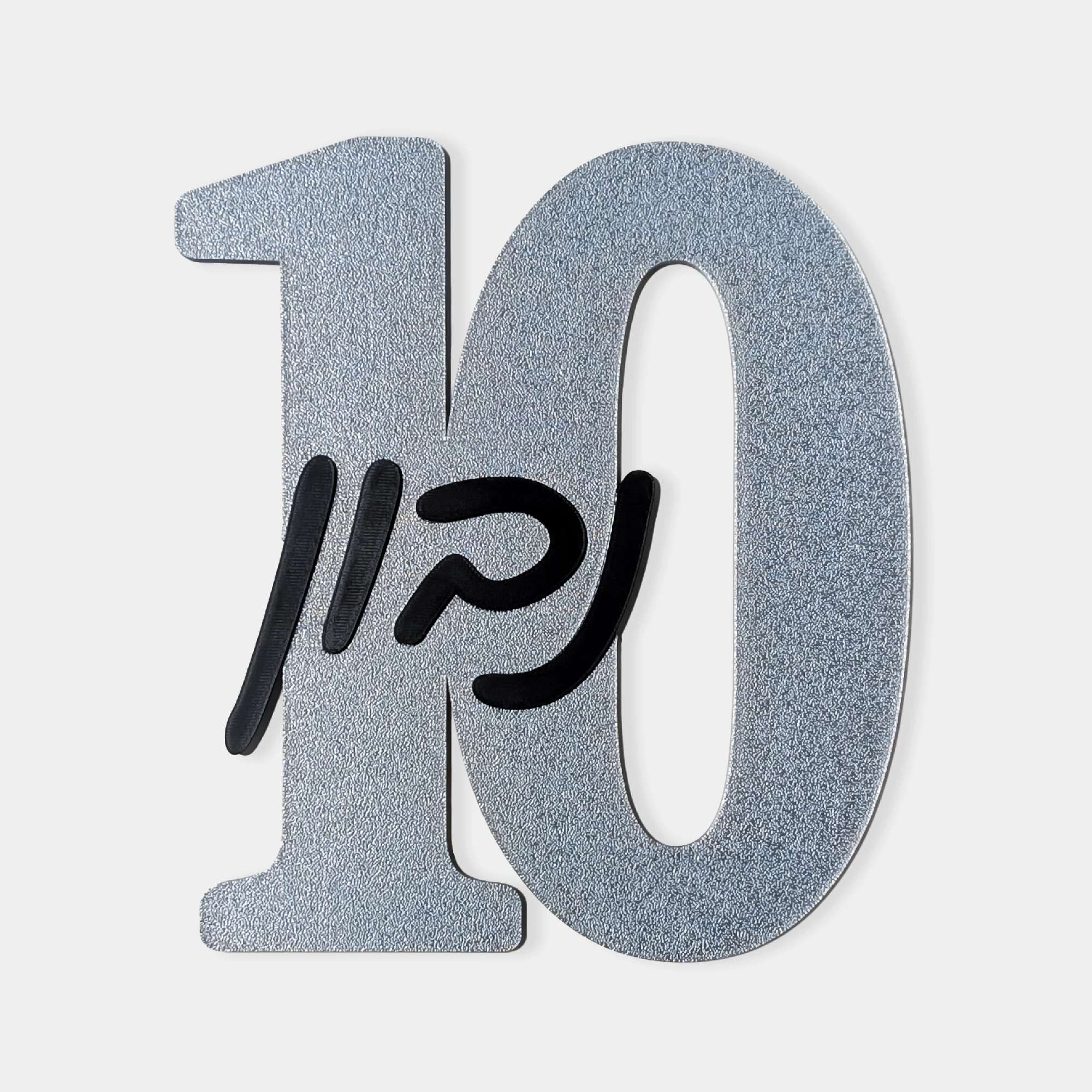 שלט לדלת מספר 10 בצבע כסוף מנצנץ עם שם משפחה בצבע שחור, מודפס בתלת מימד