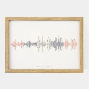 רקמת כותנה בגווני ורוד ואפור של פסקול הקלטה אישית, ממוסגרת בעץ עם חריטת טקסט בתחתית