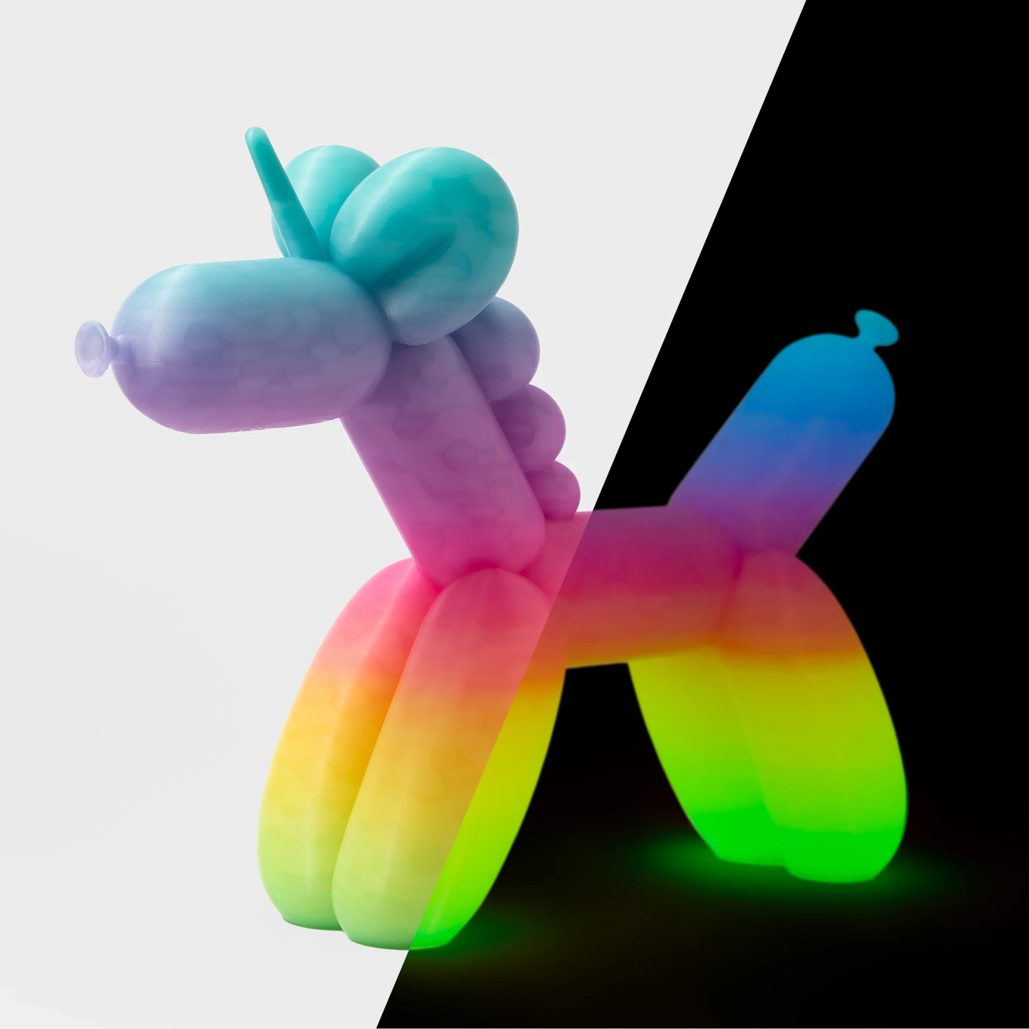 הדפסת תלת מימד של בלון בצורת חד קרן בגווני הקשת זוהר בחושך