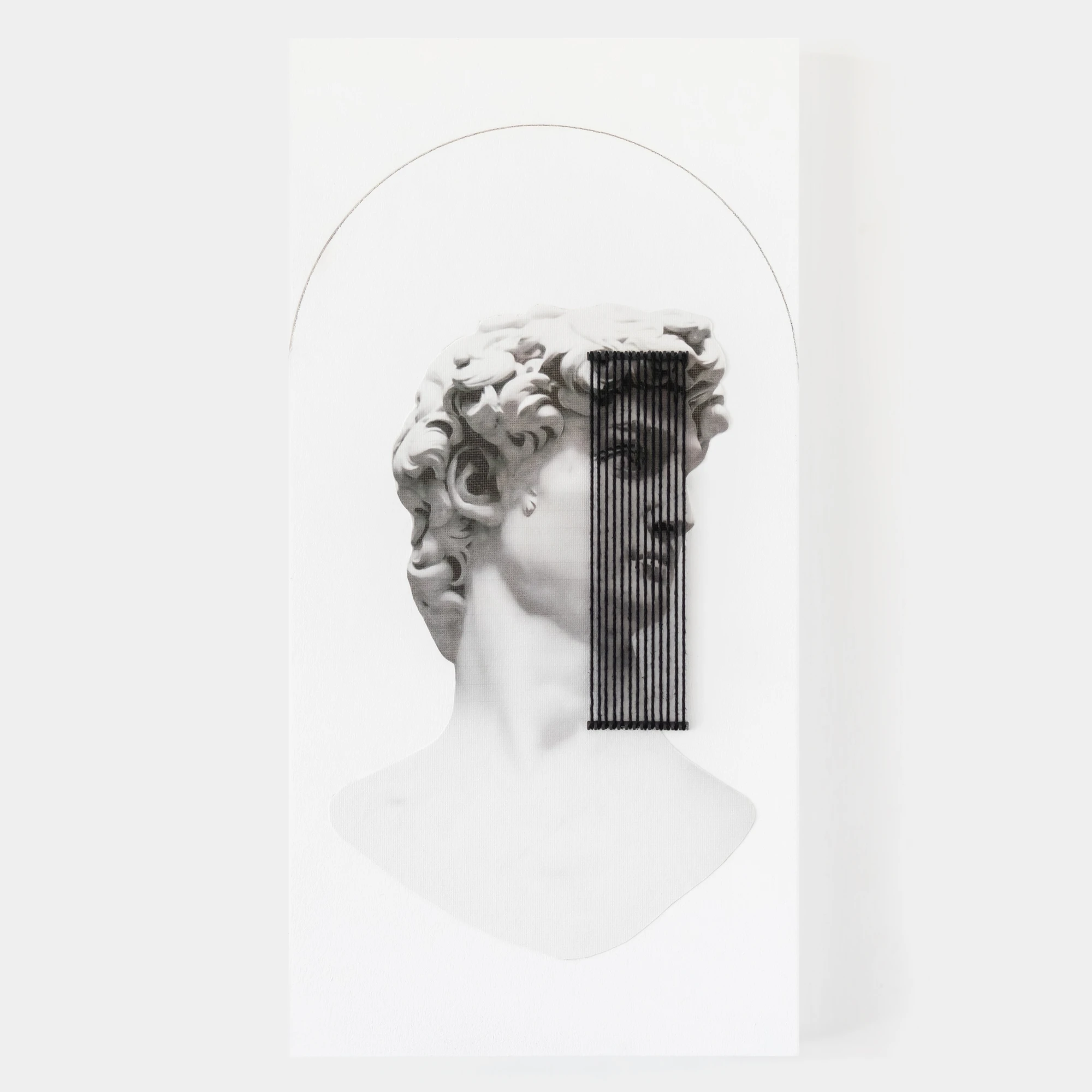 יצירת אמנות memoire על בסיס הדפס "דוד" על לוח עץ צבוע בשילוב רקמה ידנית ליצירת אשליה אופטית של תמונה משתנה